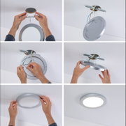 Schritt-für-Schritt Montage eines runden LED-Deckenleuchters aus silbernem Aluminium mit weißem Diffusor.