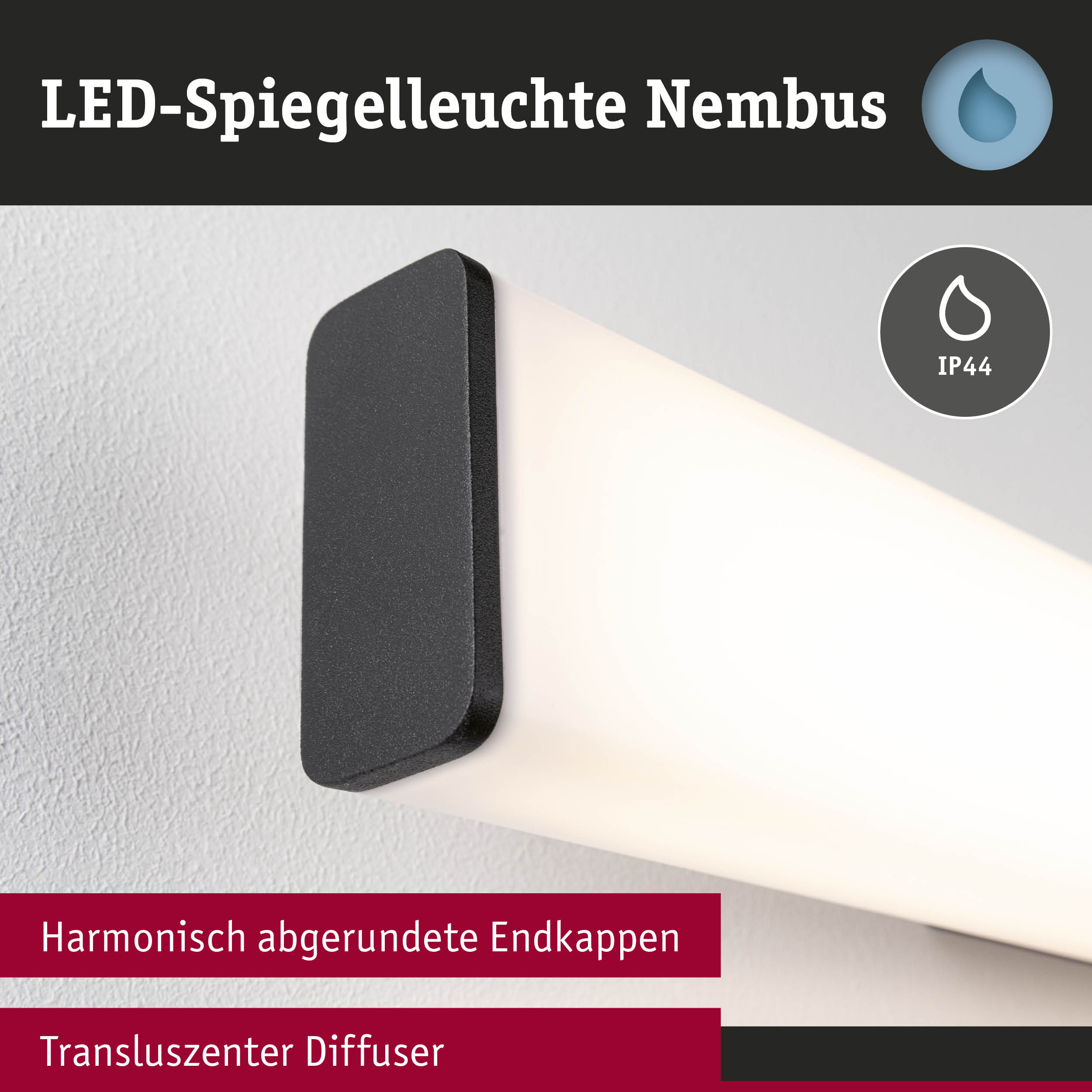 LED-Spiegelleuchte Nimbus mit schwarzem Gehäuse und transluzentem Diffuser für Badezimmerbeleuchtung