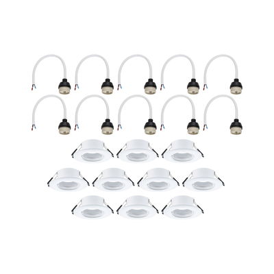 Ten white recessed spotlights with matching black and white cable adapters for LED lighting
