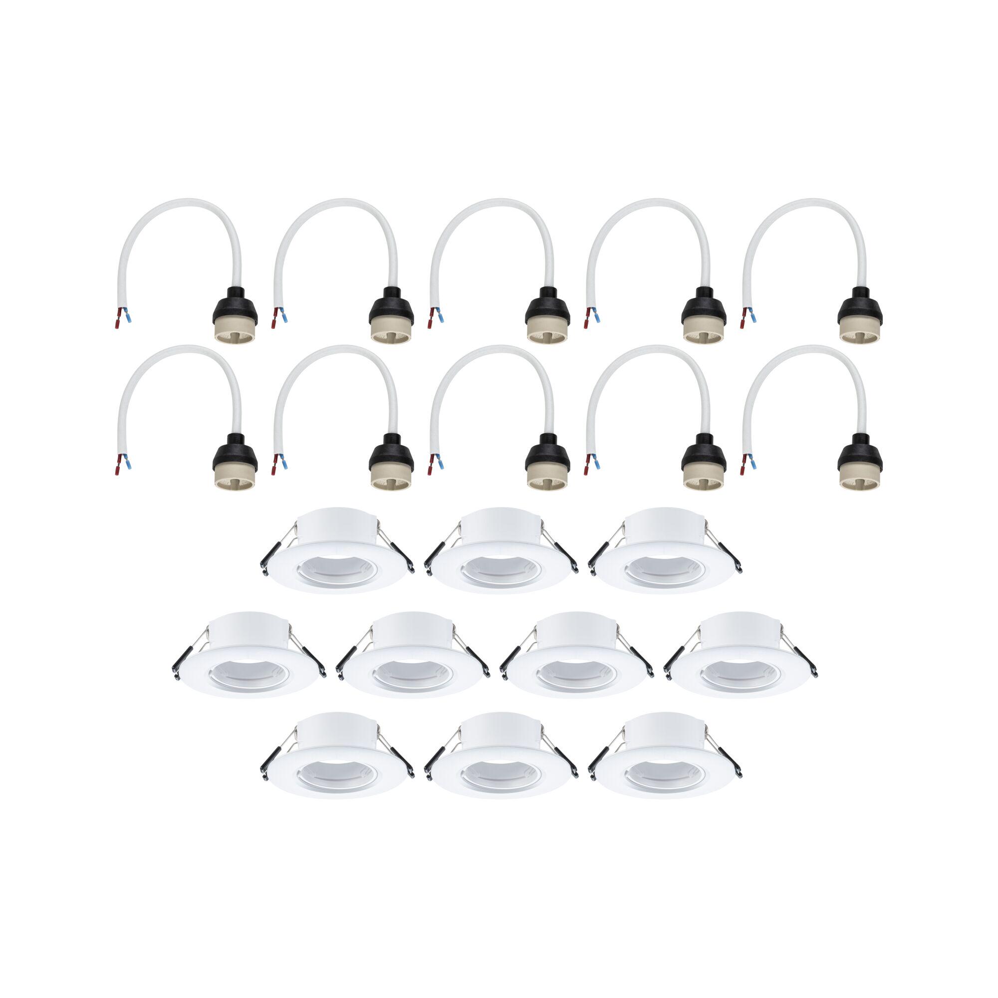 Ten white recessed spotlights with matching black and white cable adapters for LED lighting