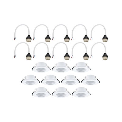 Set of ten white metal recessed spotlights with ten matching cable sockets for LED lighting