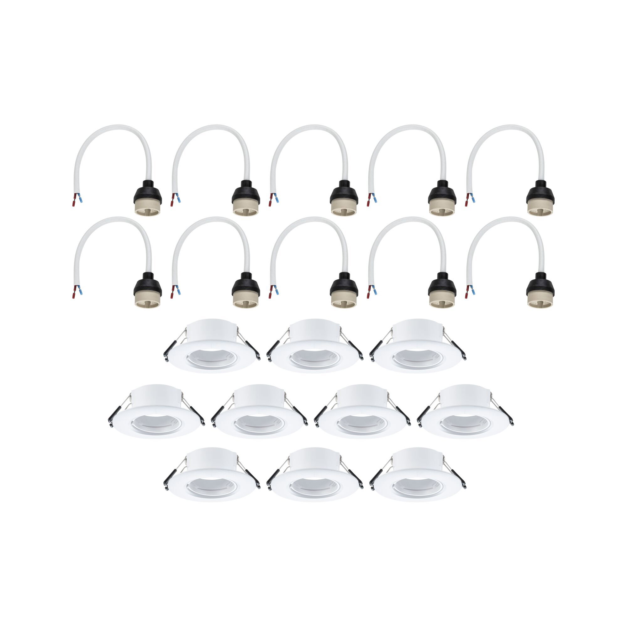 Set van tien witte metalen inbouwspots met tien bijpassende kabelsockets voor LED-verlichting