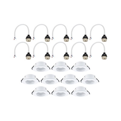 Set of ten white metal recessed spotlights with ten matching cable sockets for LED lighting