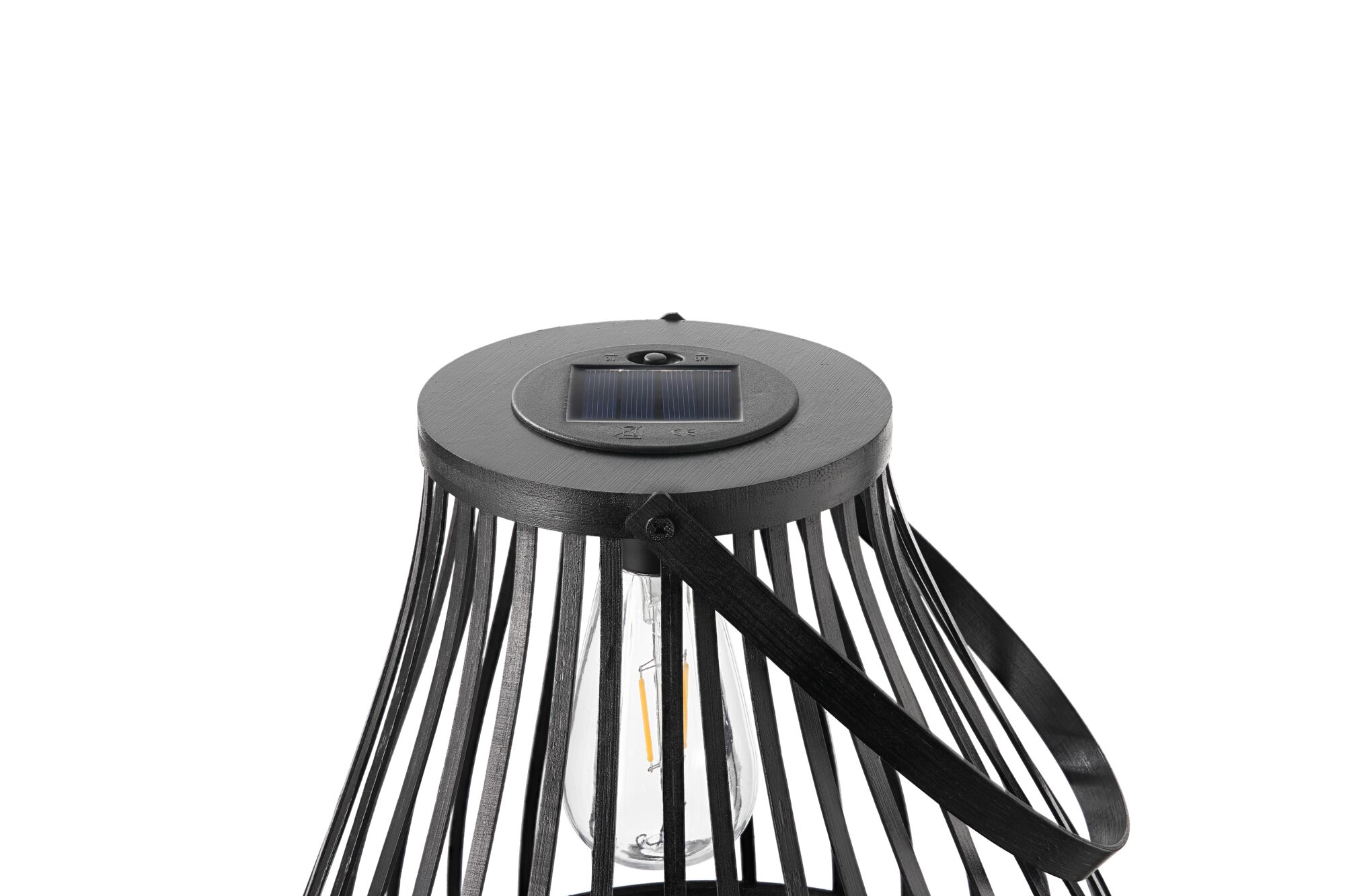Zwarte metalen solar-lantaarn met LED-lamp en handvat voor buiten- en tuinverlichting