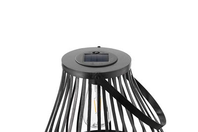 Black metal solar lantern with LED bulb and handle for outdoor and garden lighting solutions