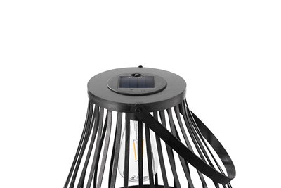 Black metal solar lantern with LED bulb and handle for outdoor and garden lighting solutions