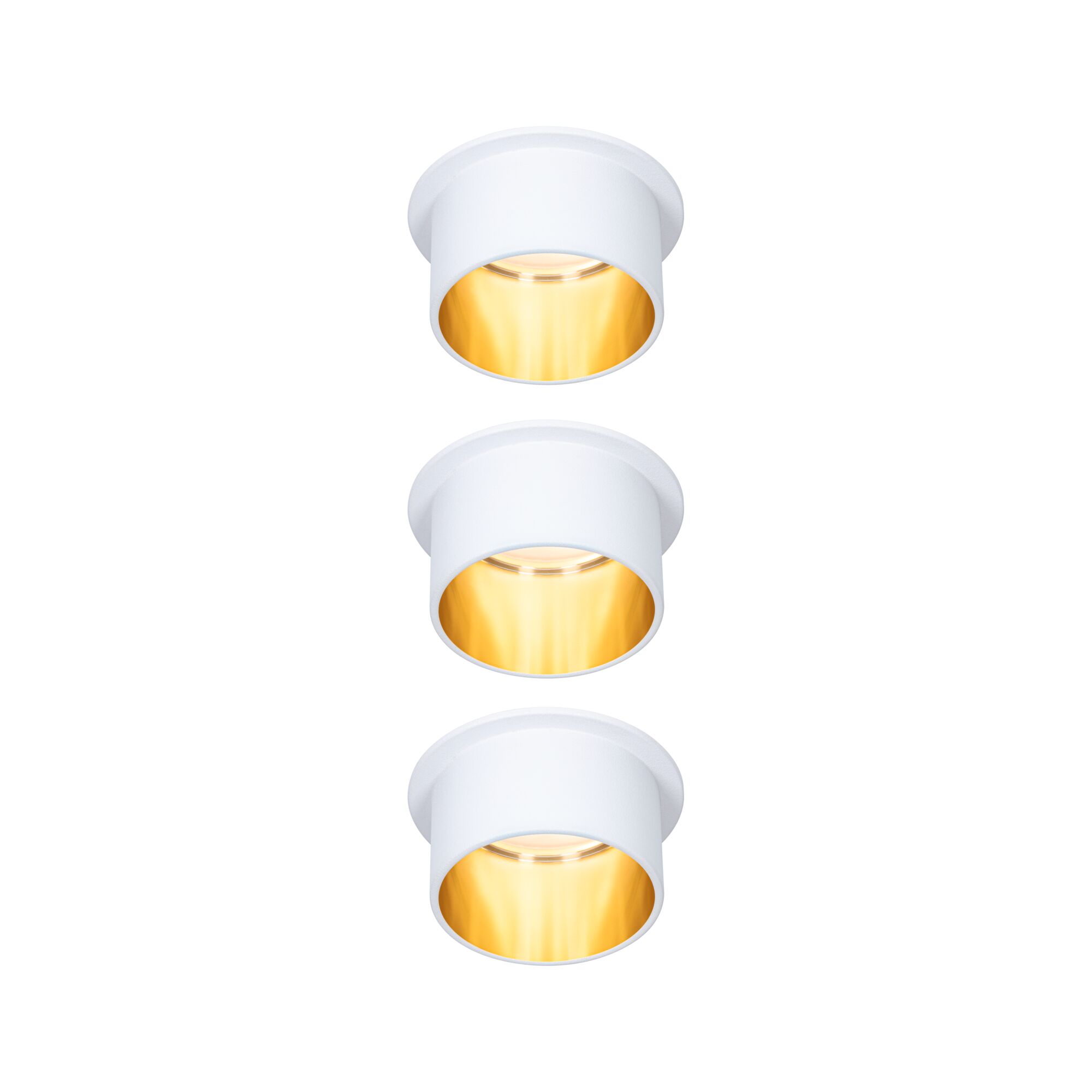 Drie witte LED-inbouwspots met warm wit licht voor moderne binnenverlichting