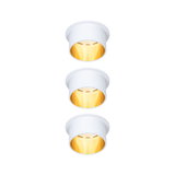 Three white LED recessed lights with warm white glow for modern indoor lighting