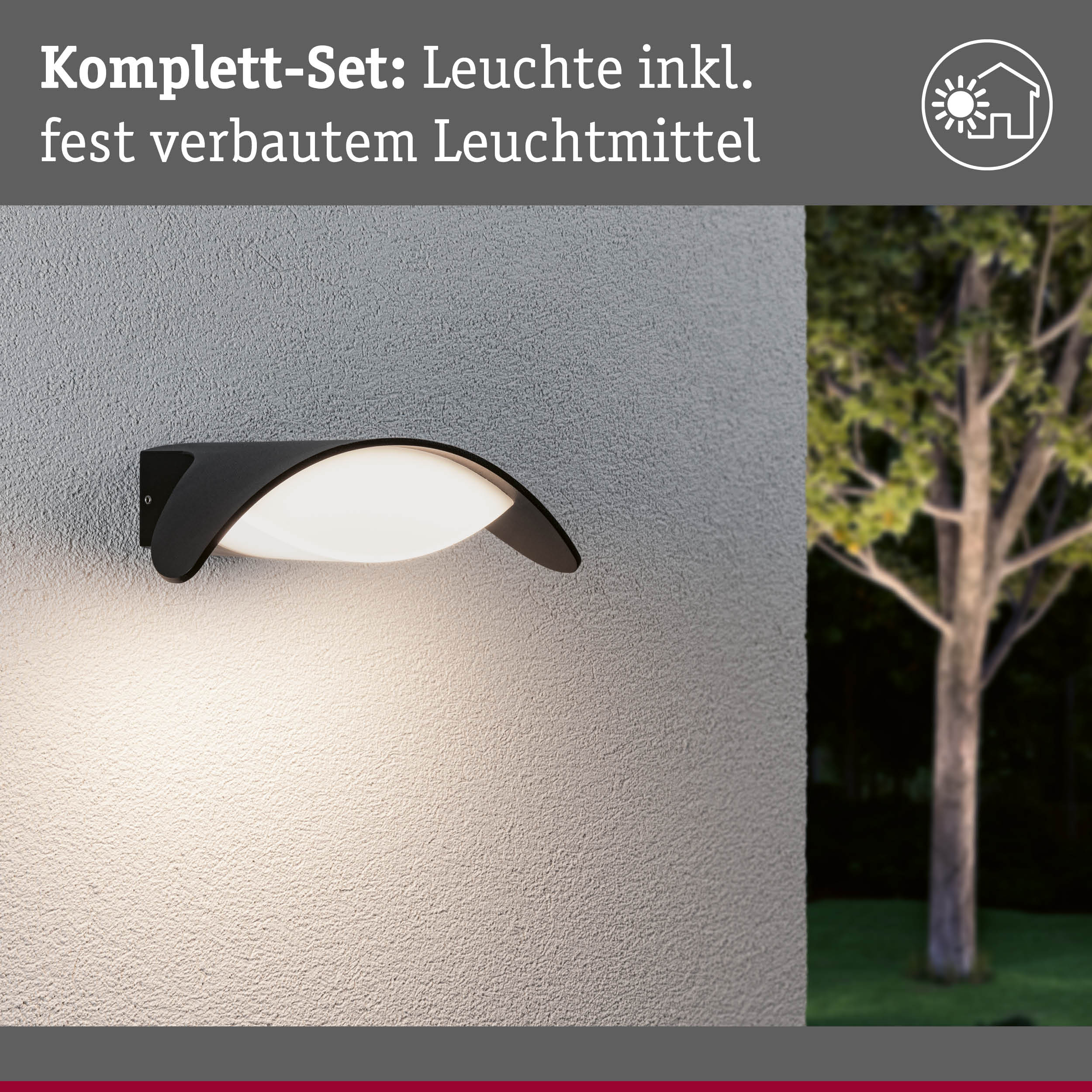 Schwarze Außenwandleuchte mit integriertem Leuchtmittel an grauer Wand, moderne Gartenbeleuchtung