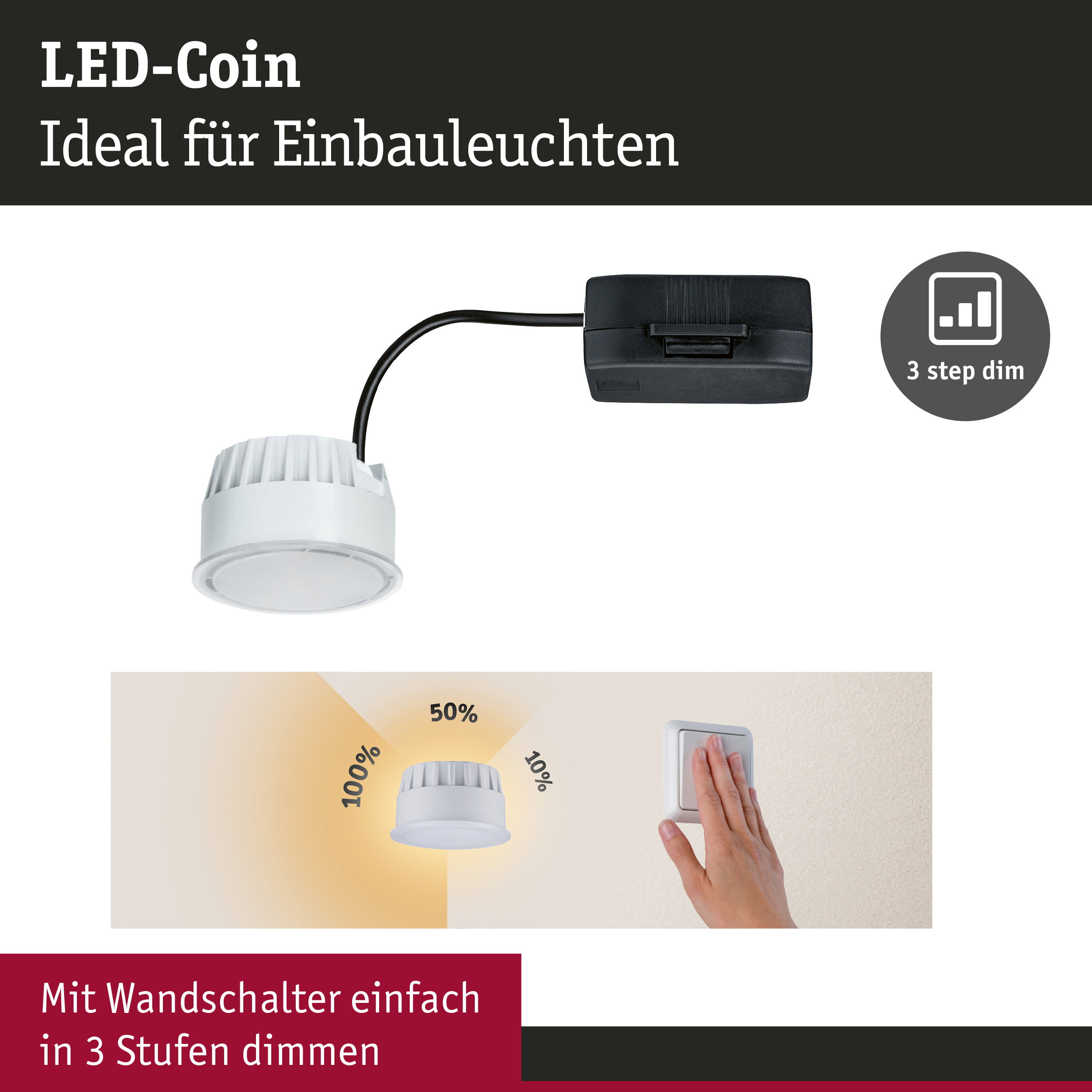 Weißer LED-Einbaustrahler mit schwarzem Kabel und Dimmer für 3-Stufen-Dimmung per Wandschalter