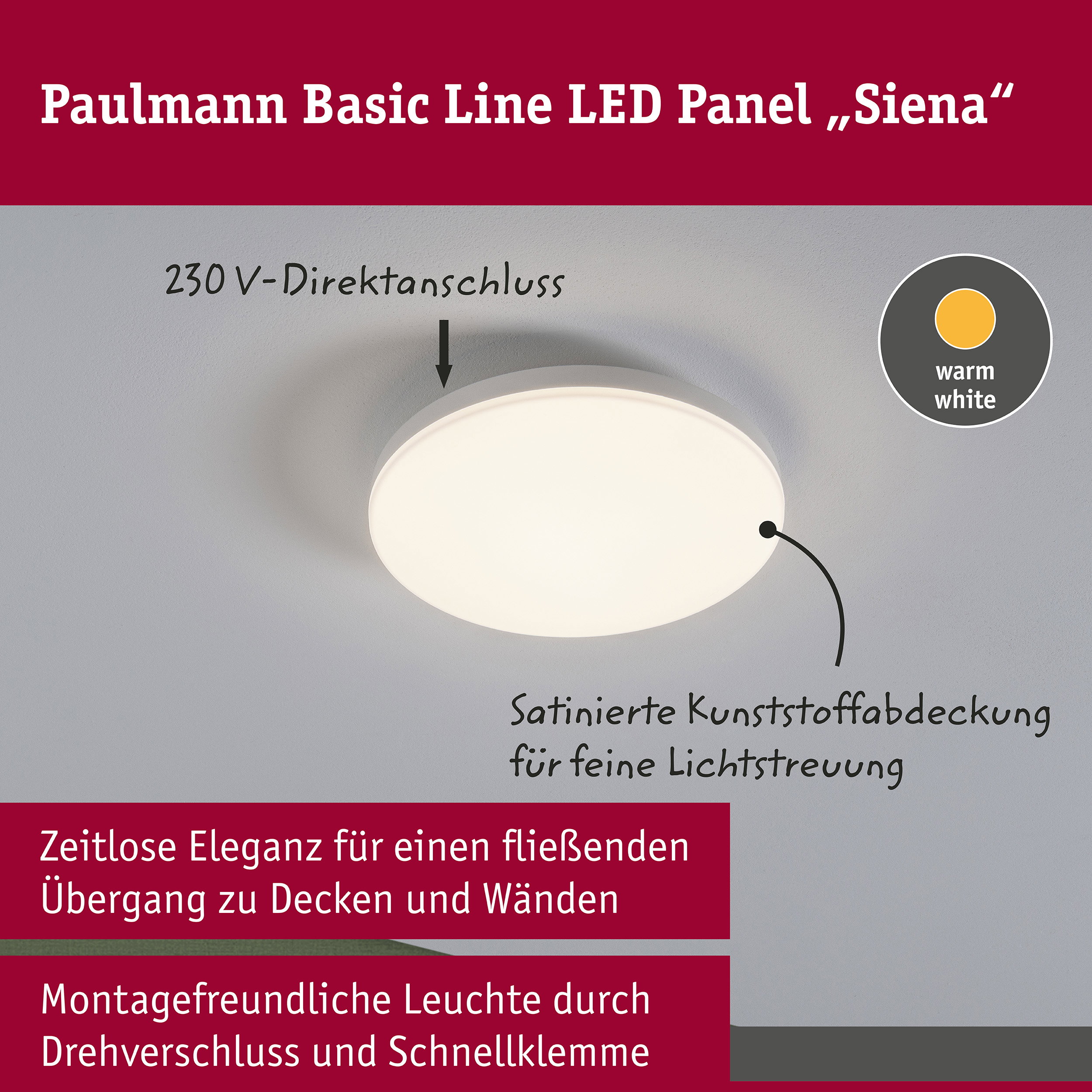 LED Deckenleuchte Siena 3000K 220mm 1000lm 230V 12,3W