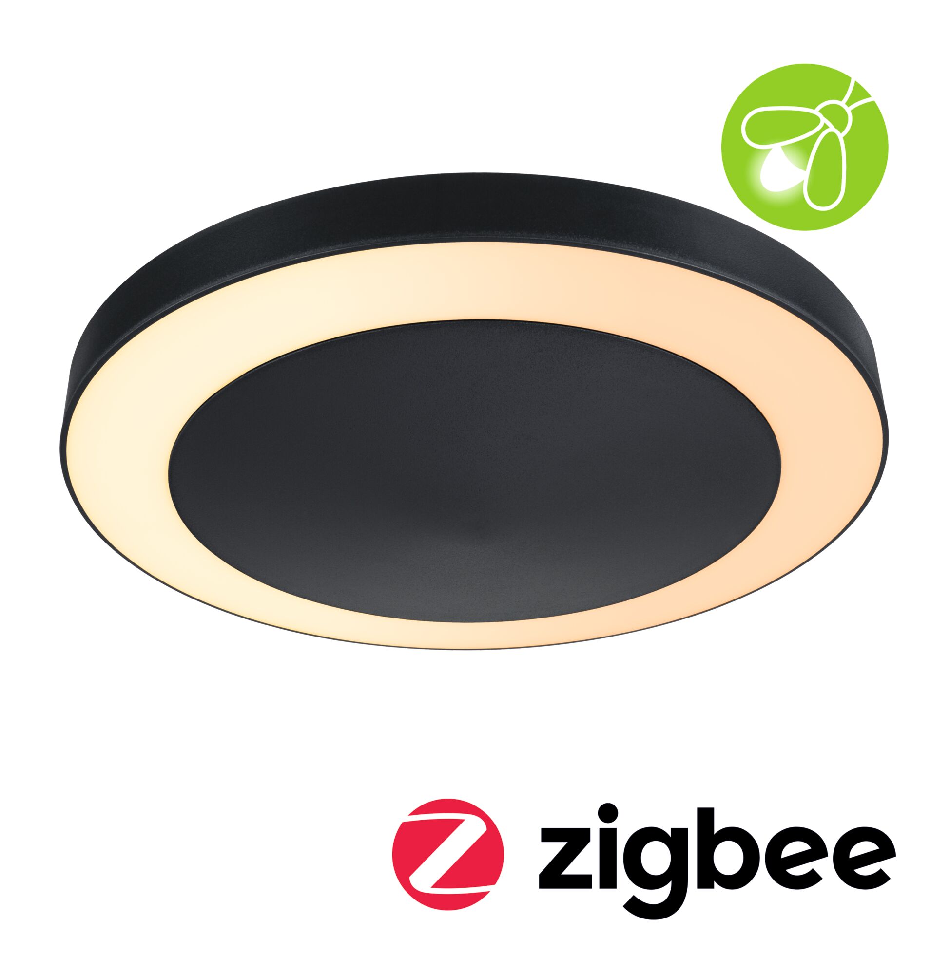 LED Ceiling luminaire Smart Home Zigbee 3.0 Circula Dusk sensor insect-friendly IP44 round 320mm Tunable Warm 14W 880lm 230V Anthracite Plastic Round black LED ceiling light with warm white glow and Zigbee smart home control compatibility