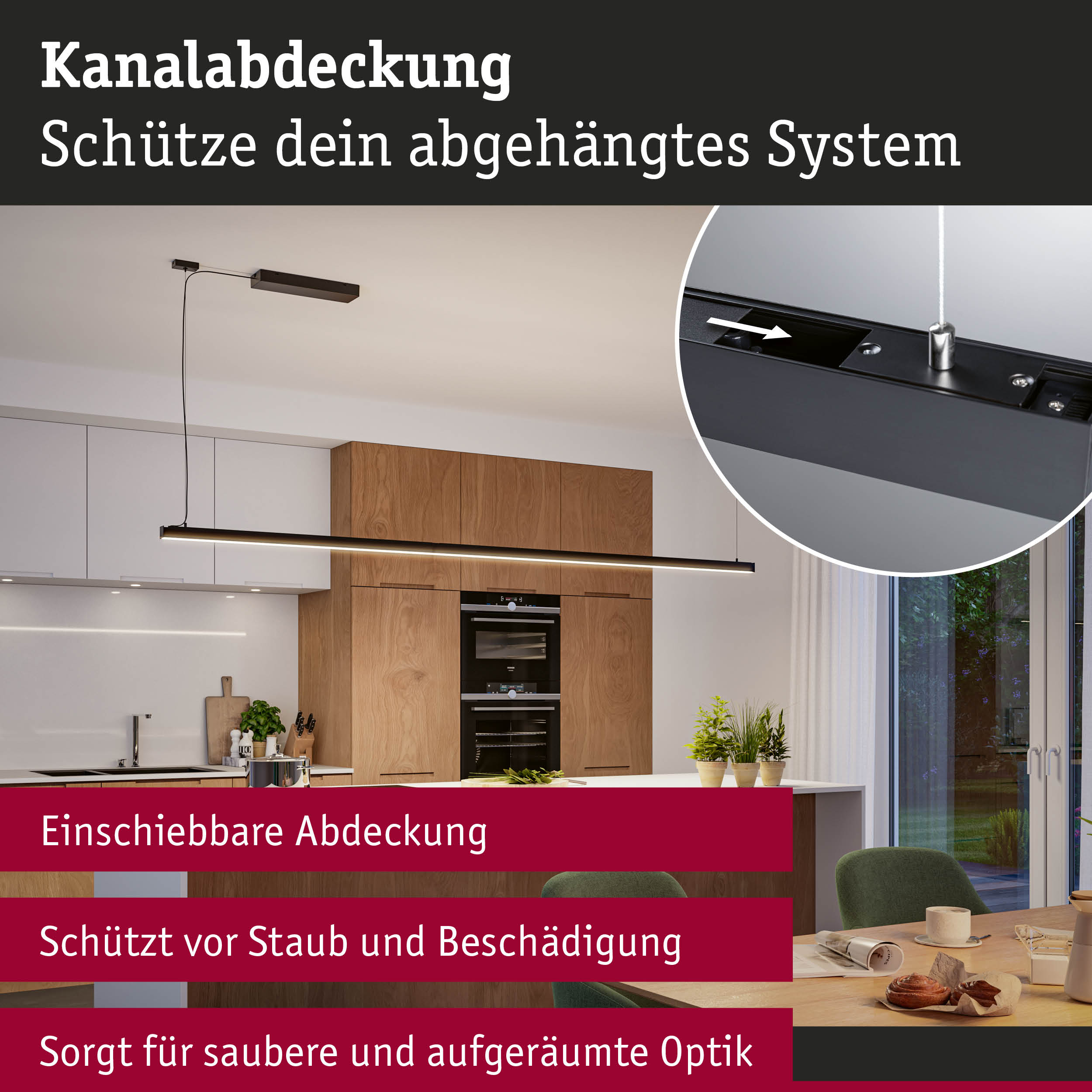 Schwarze Kanalabdeckung aus Metall schützt abgehängtes Beleuchtungssystem vor Staub und Beschädigung