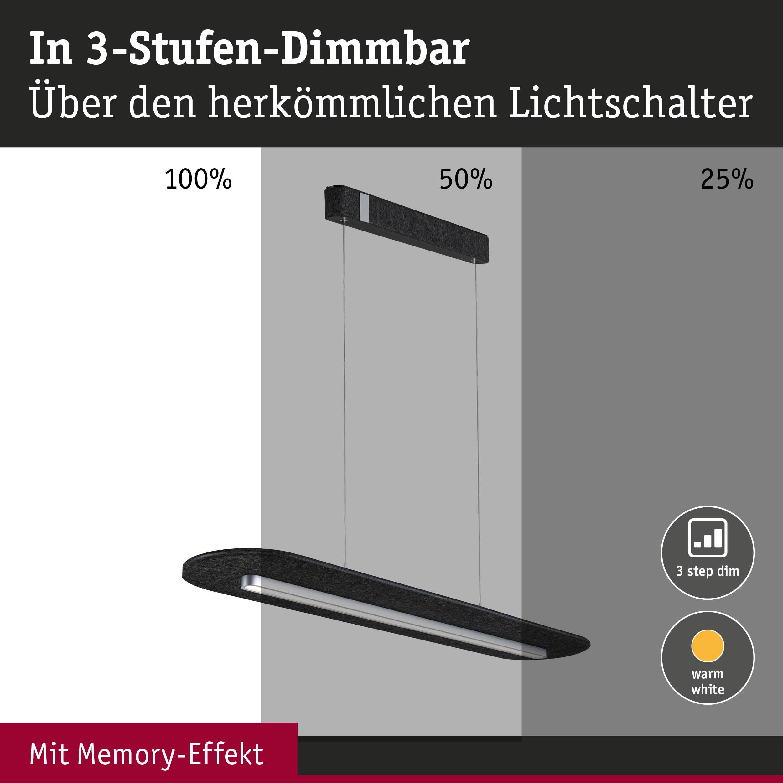 Schwarze LED-Pendelleuchte mit 3-Stufen-Dimmer und Memory-Effekt in warmweißem Licht