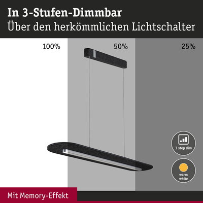 Schwarze LED-Pendelleuchte mit 3-Stufen-Dimmer und Memory-Effekt in warmweißem Licht