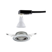 Hvid GU10 LED-spot med sort kabel og sølvfarvet metal indbygningsramme til LED-belysning