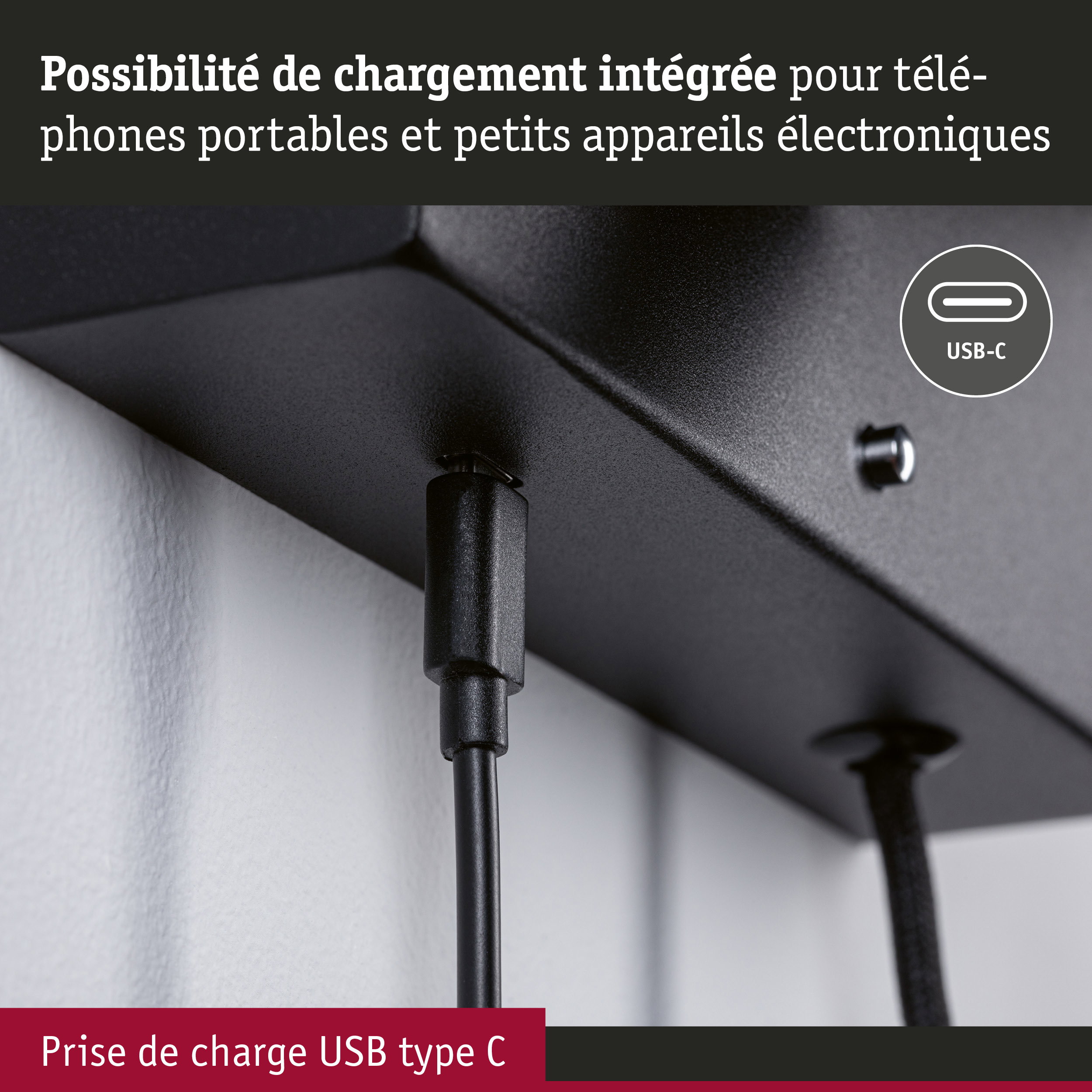 Prise de charge USB type C noire pour téléphones portables et petits appareils électroniques intégrée