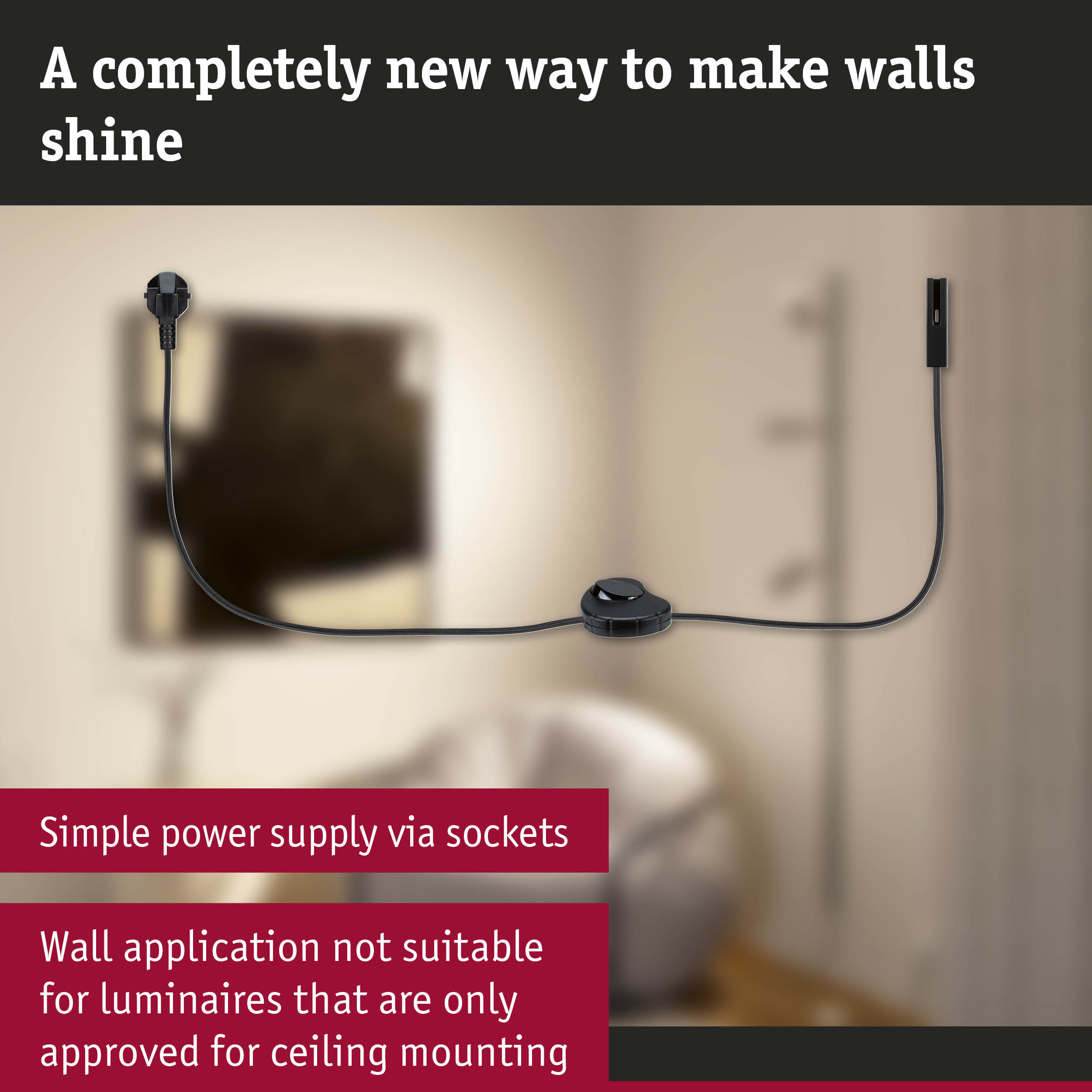 Black power cable with switch and plug on beige wall for simple power supply