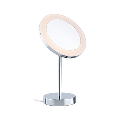 Round LED makeup mirror with chrome metal stand for detailed beauty application.