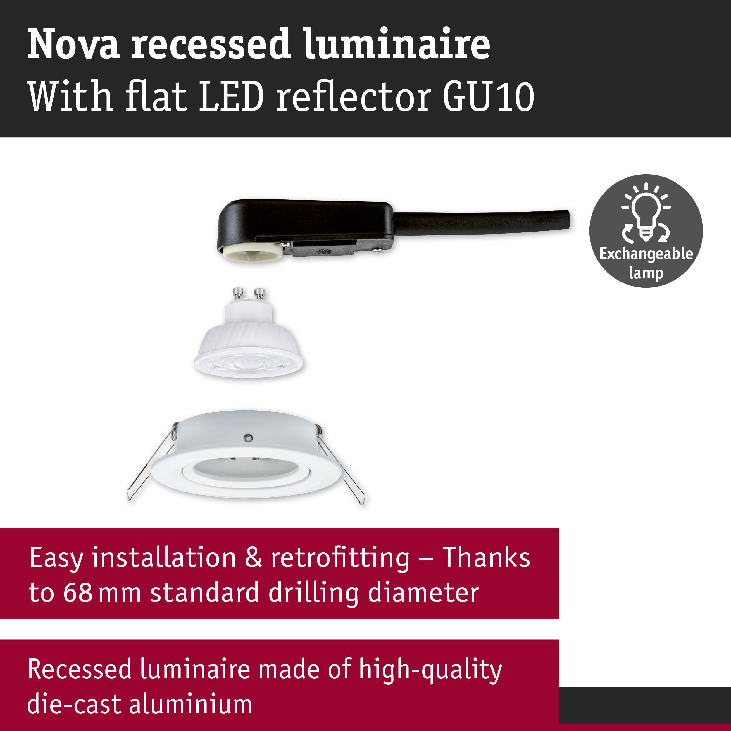 Nova recessed luminaire in white die-cast aluminium with flat LED reflector GU10 and exchangeable lamp