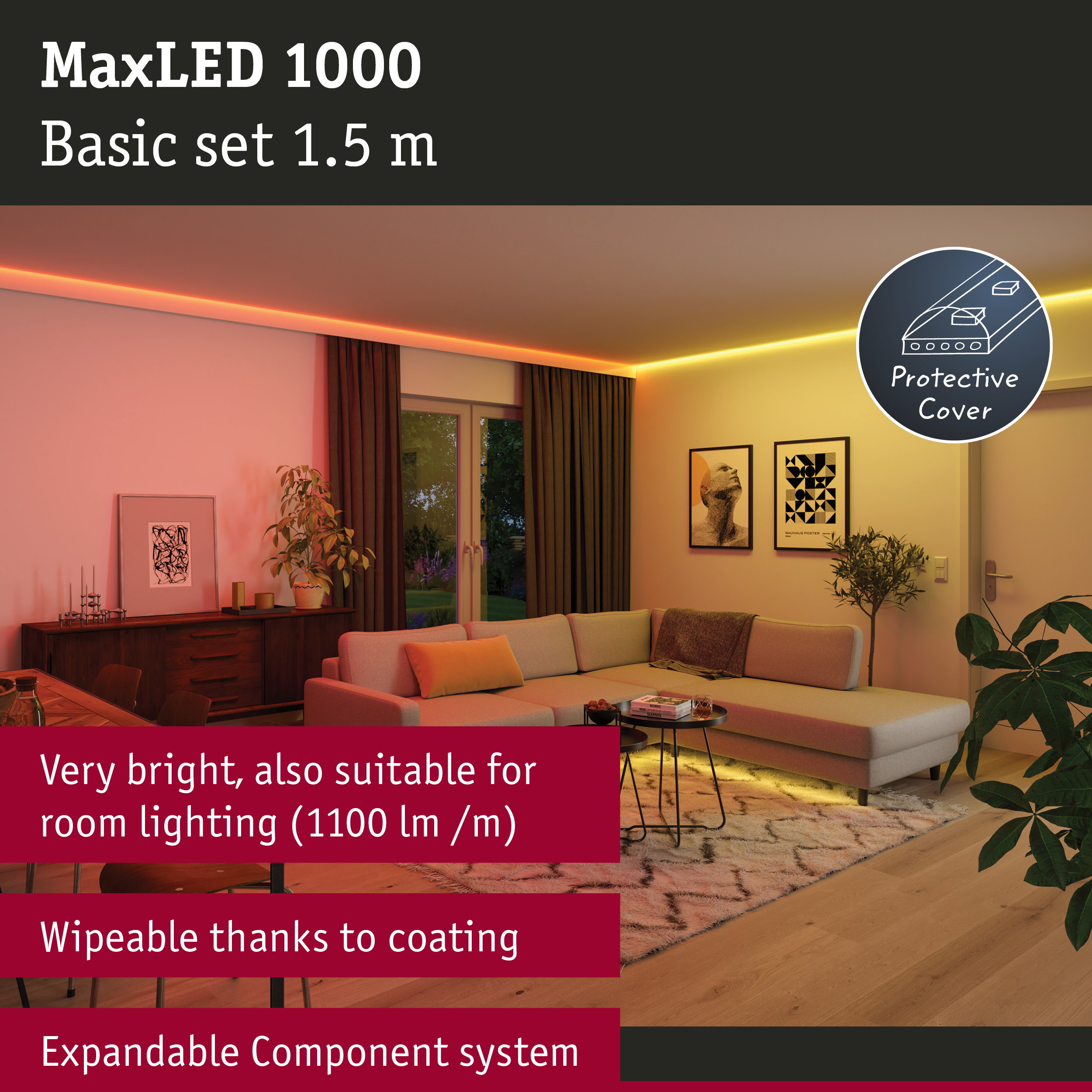MaxLED 1000 1.5m LED strip with protective cover in modern living room with ambient lighting