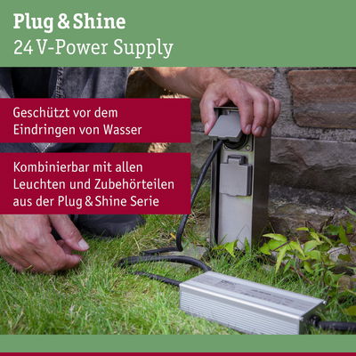 Wassergeschütztes 24V-Netzteil aus Metall für Plug & Shine Außenbeleuchtung im Garten