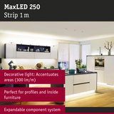 Modern white kitchen with MaxLED 250 LED strip lighting under cabinets and baseboards