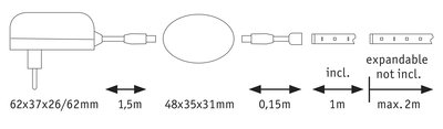 Technical drawing of a power adapter with cable and extension lengths up to 2 meters.