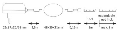 Technical drawing of power adapter with cable and extension lengths in millimetres and metres