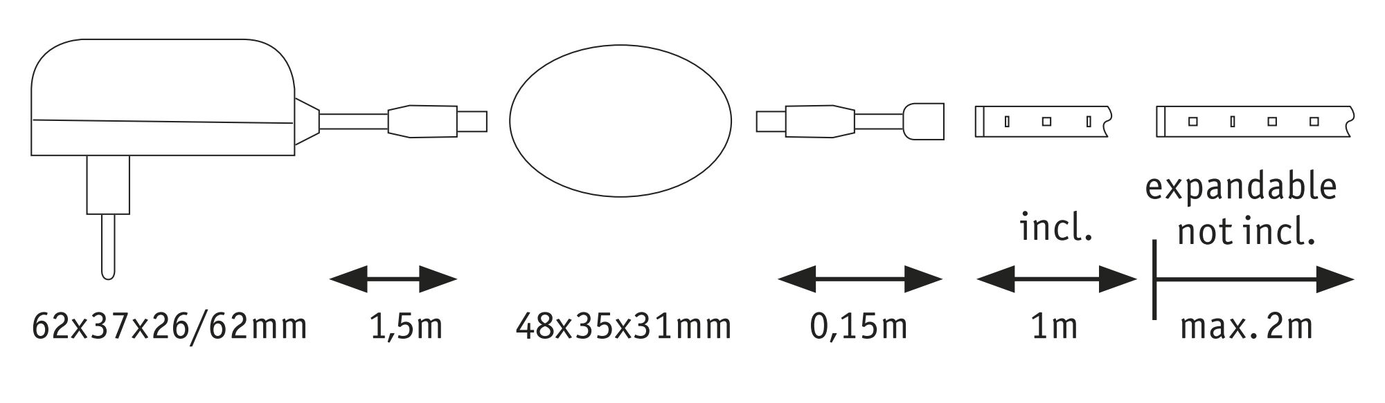 Technische tekening van een stroomadapter met kabel- en verlengingslengtes in millimeters en meters