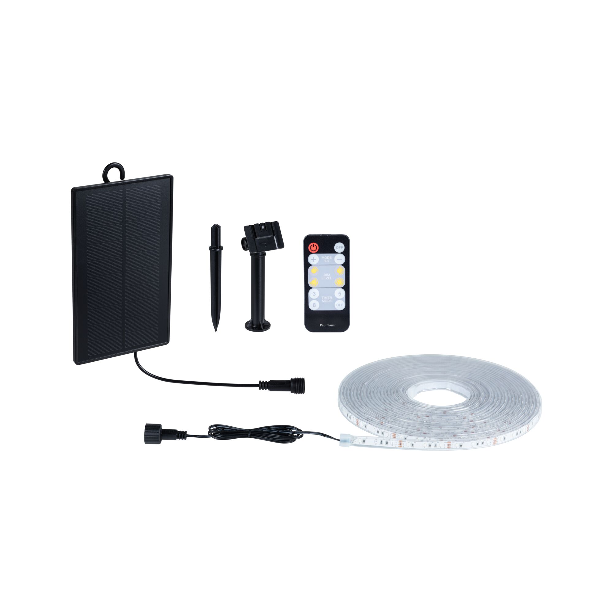Solar-powered LED strip light with remote control and mounting accessories in black and transparent plastic