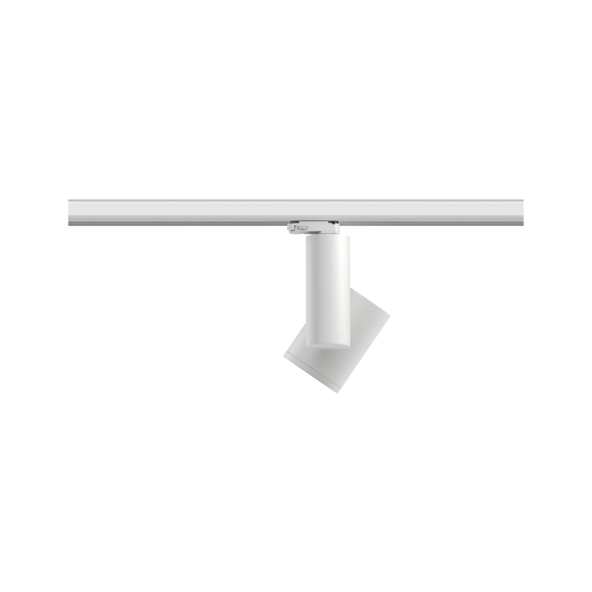 Weißer LED-Strahler aus Metall an Schienensystem für flexible Raumbeleuchtung
