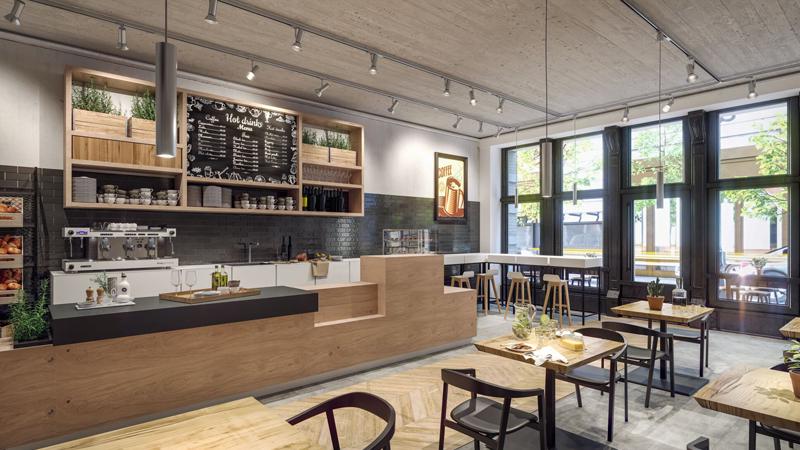 Modernes Café mit Holztheke, schwarzen Fliesen und großen Fenstern, beleuchtet mit LED-Strahlern.