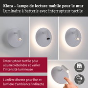 Lampe murale Kiora blanche à batterie avec variateur tactile et lumière directe pour la lecture