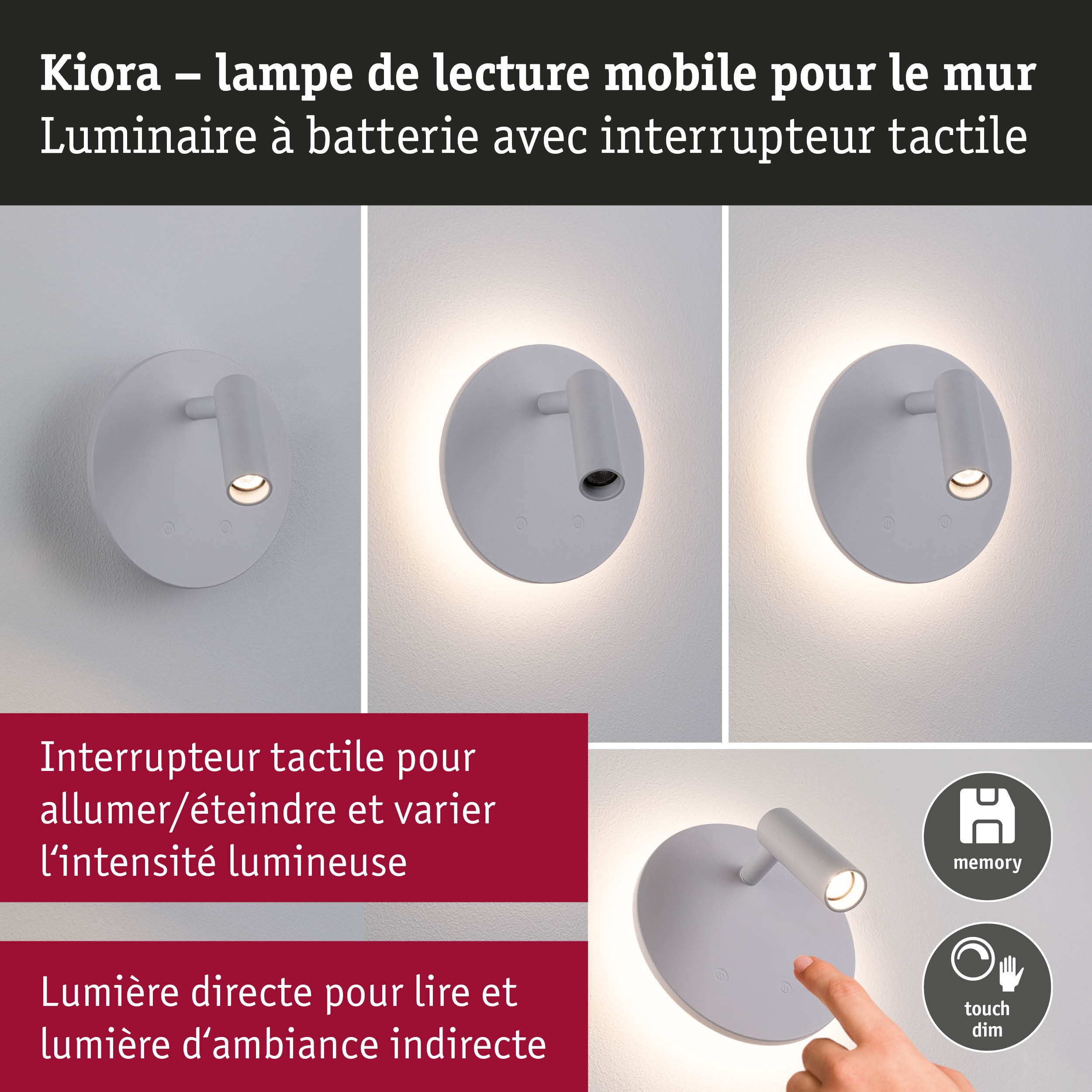 Lampe murale Kiora blanche à batterie avec variateur tactile et lumière directe pour la lecture