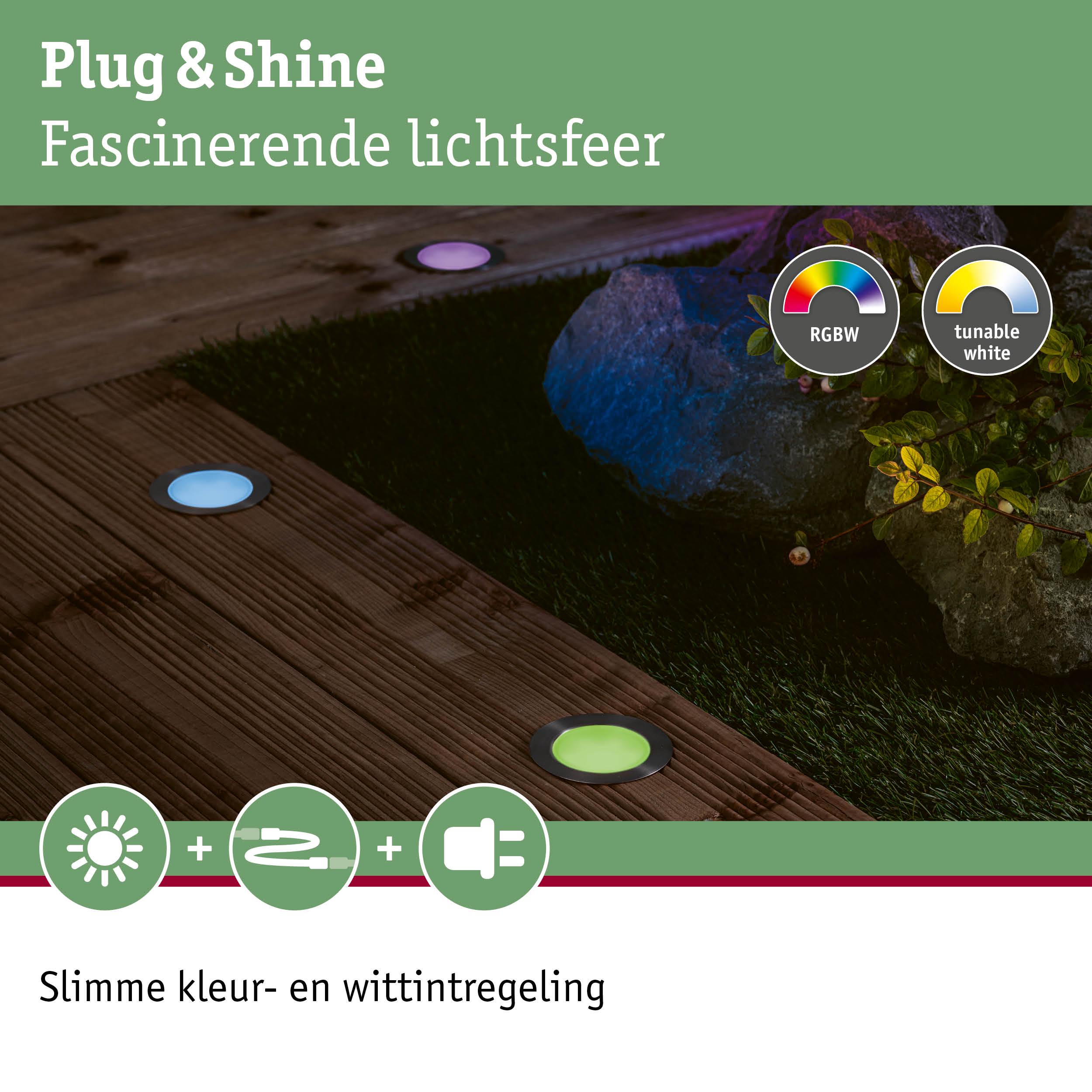 RGBW LED inbouw grondspots in houten terras met slimme kleur- en witintregeling