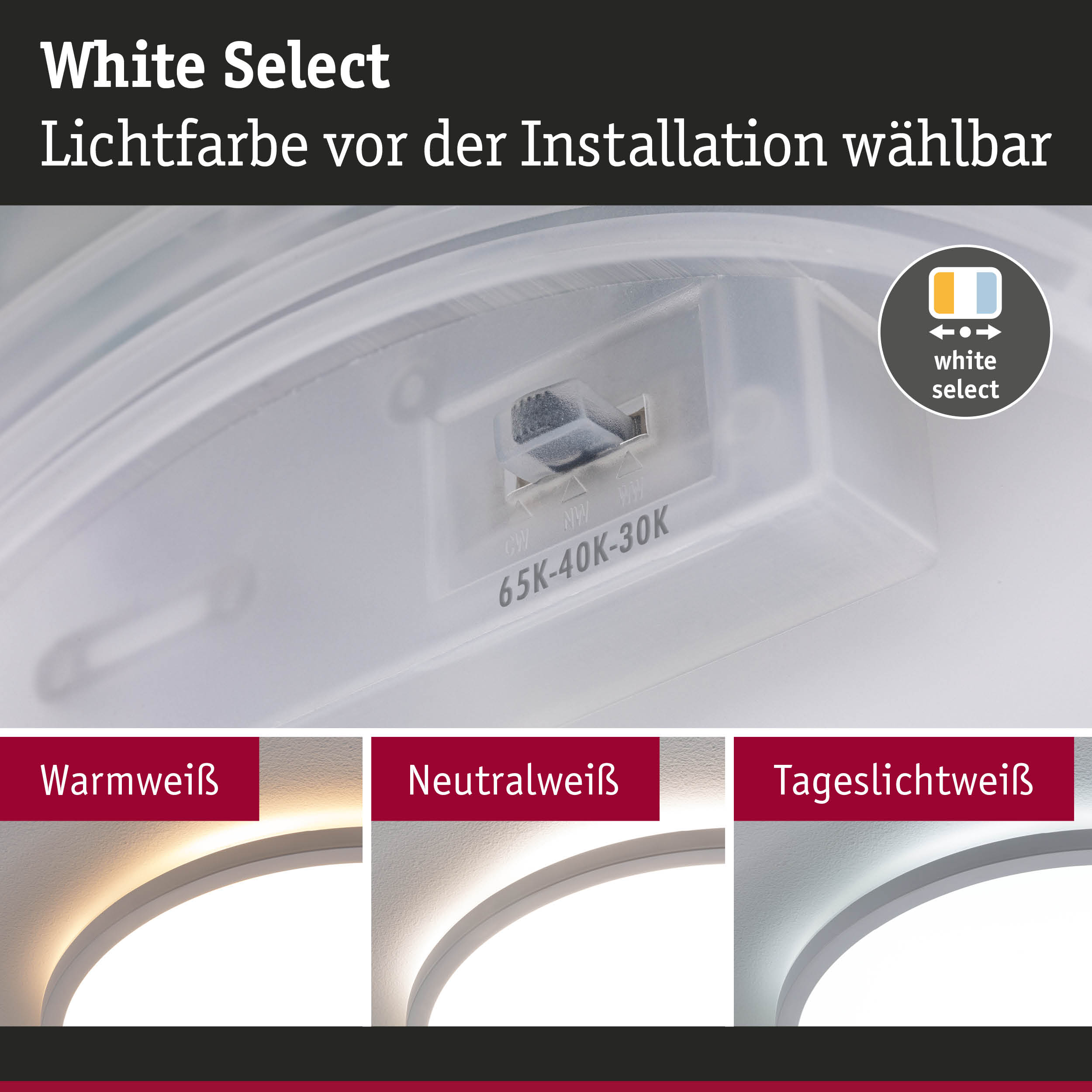 Weißer LED-Deckenleuchter mit einstellbarer Lichtfarbe in Warmweiß, Neutralweiß und Tageslichtweiß