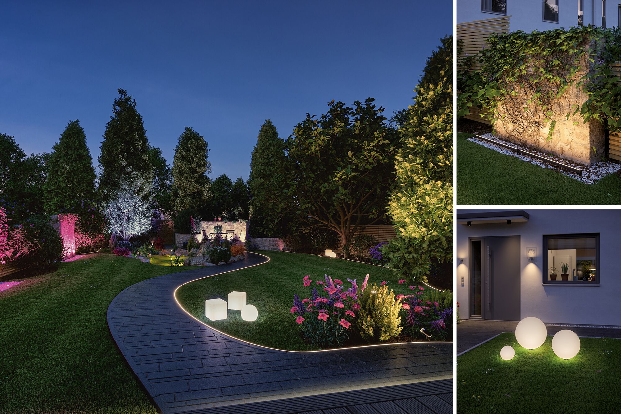 Gartenweg mit LED-Beleuchtung und leuchtenden Kugeln aus Kunststoff in Weiß für Außenbereiche.