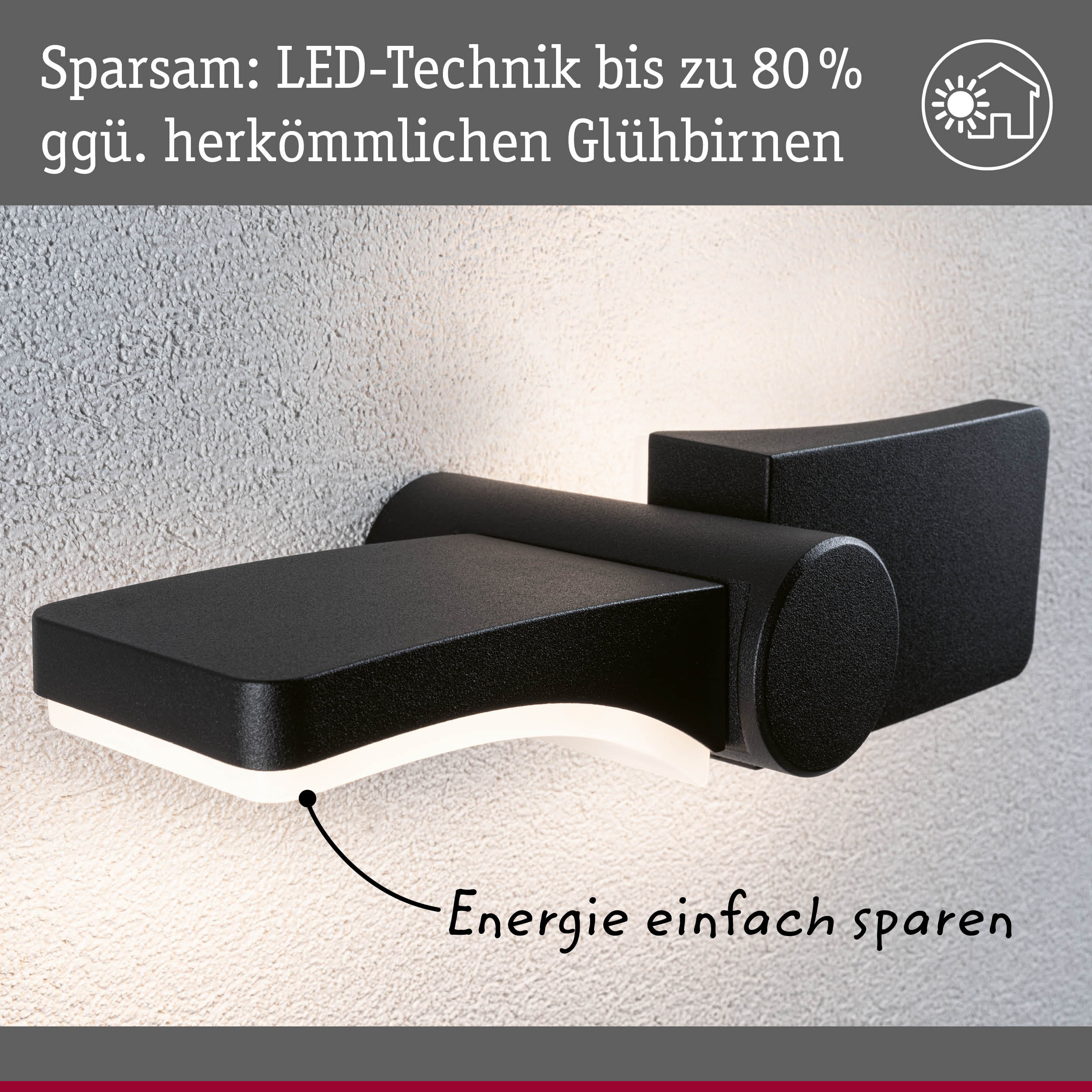 Schwarze LED-Wandleuchte mit energiesparender Technik und modernem Design an strukturierter Wand