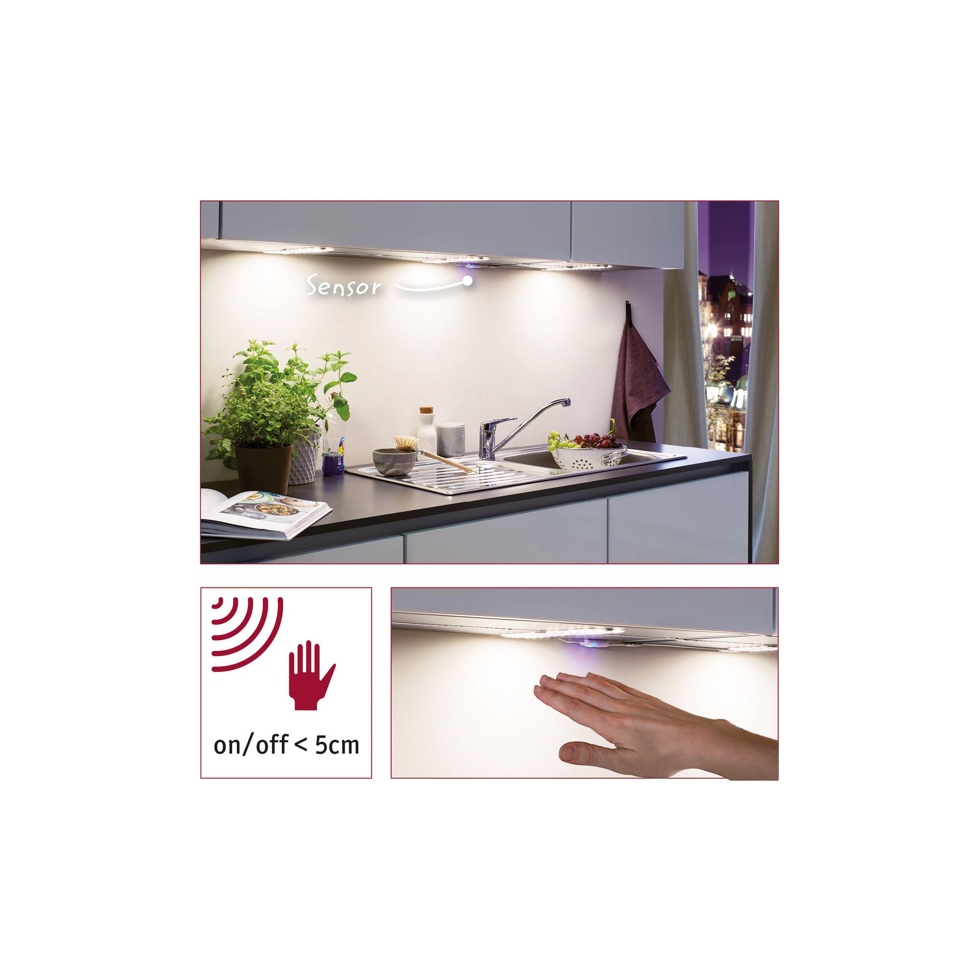 Éclairage LED sous meuble blanc avec capteur pour plan de travail de cuisine, commande sans contact