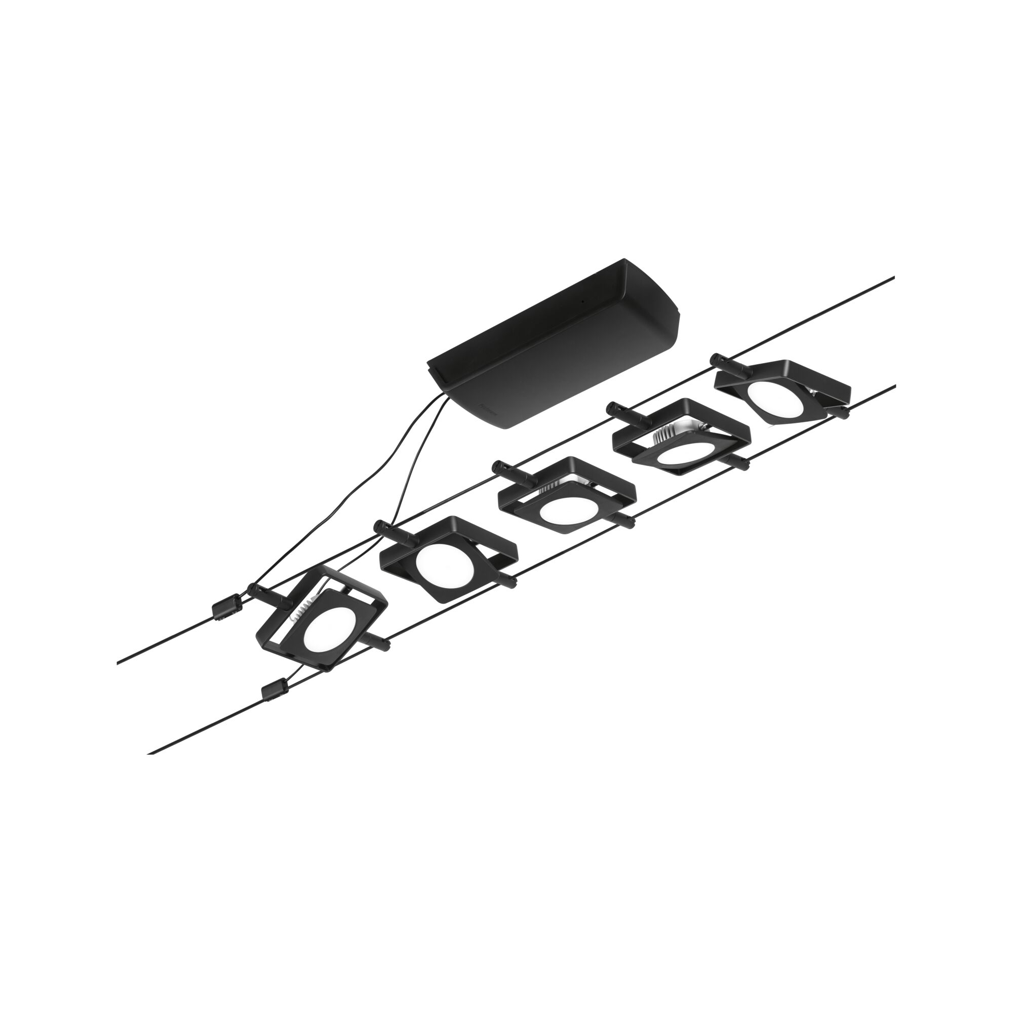 Black LED cable lighting system with five square metal spotlights for modern interior lighting