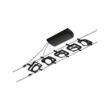 Black LED cable lighting system with five square metal spotlights for modern interior lighting
