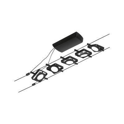 Black LED cable lighting system with five square metal spotlights for modern interior lighting
