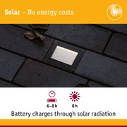 Black solar LED ground light on dark pavement showing battery charging and solar power info