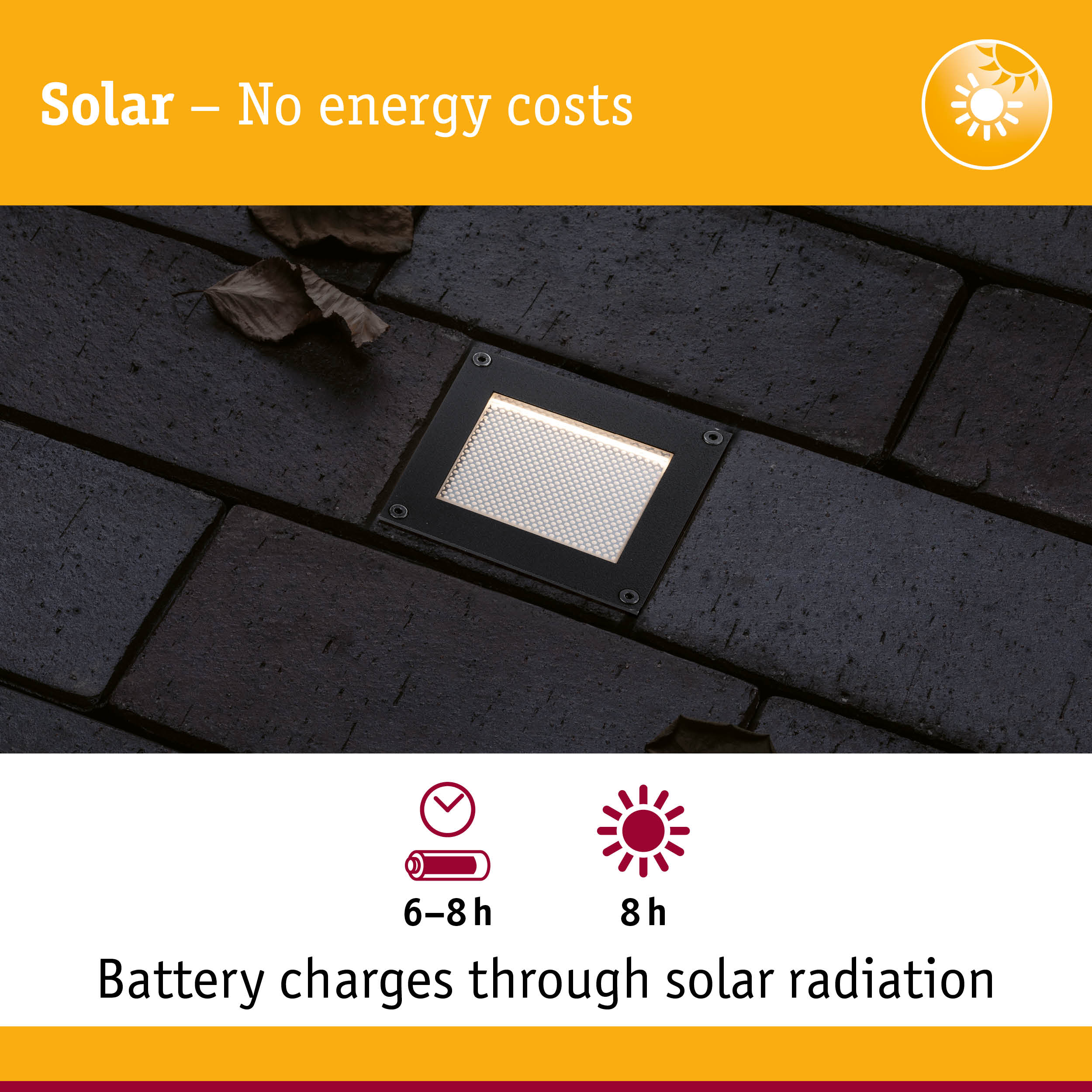 Black solar LED ground light on dark pavement showing battery charging and solar power info