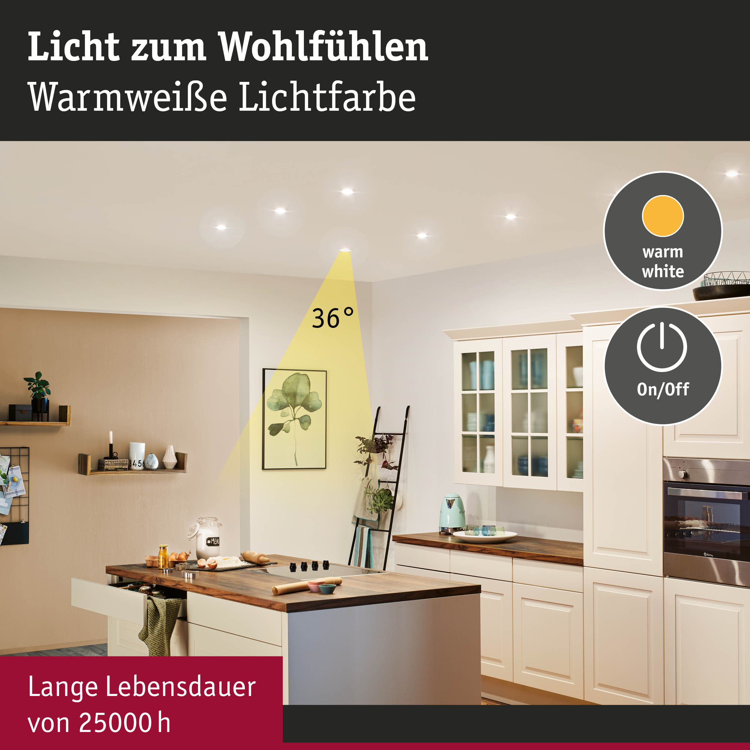 Moderne Küche mit warmweißer LED-Deckenbeleuchtung und langer Lebensdauer von 25000 Stunden