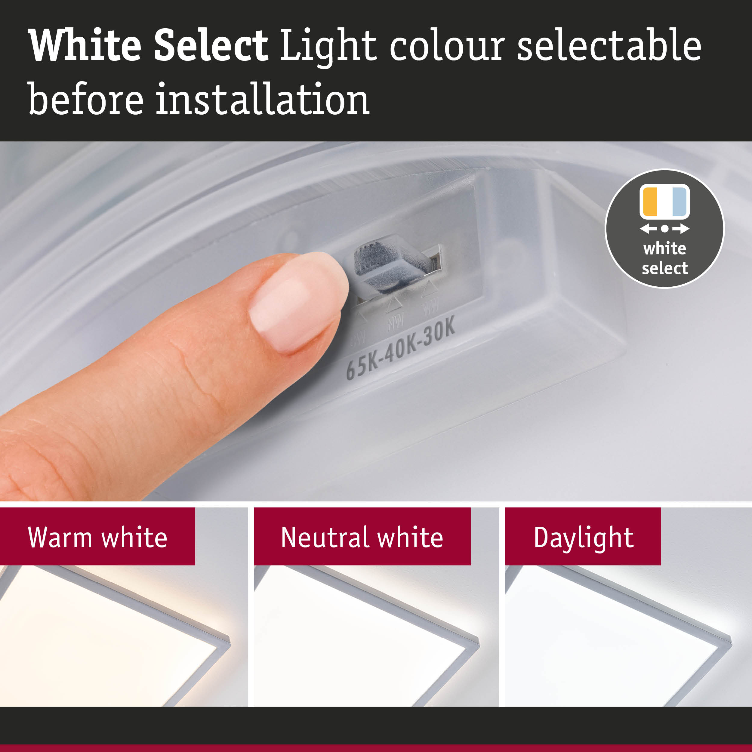 Finger adjusting white light colour before installation showing warm, neutral and daylight LED options