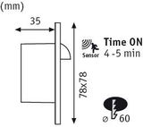 Technical drawing of a square LED wall light with motion sensor and 78x78 mm dimensions