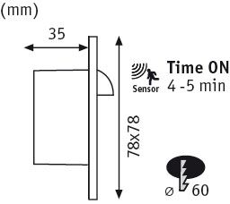 Technische Zeichnung eines quadratischen LED-Wandleuchters mit Bewegungssensor und 78x78 mm Abmessungen
