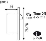 Technische Zeichnung eines quadratischen LED-Wandleuchters mit Bewegungssensor und 78x78 mm Abmessungen